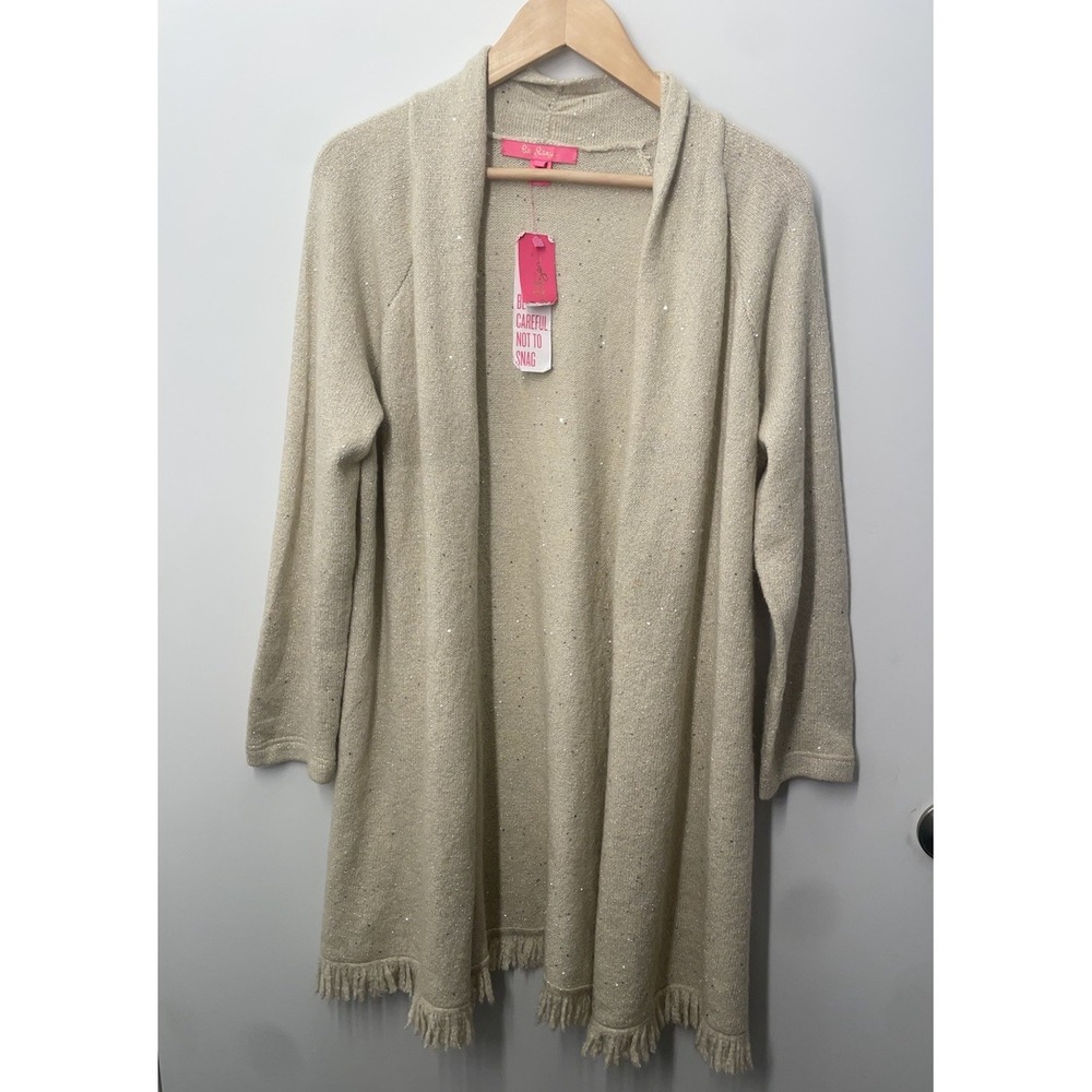 Lilly Pulitzer Tatum Cardigan Women's Size Large Beige Gold Metallic Sequin NEW